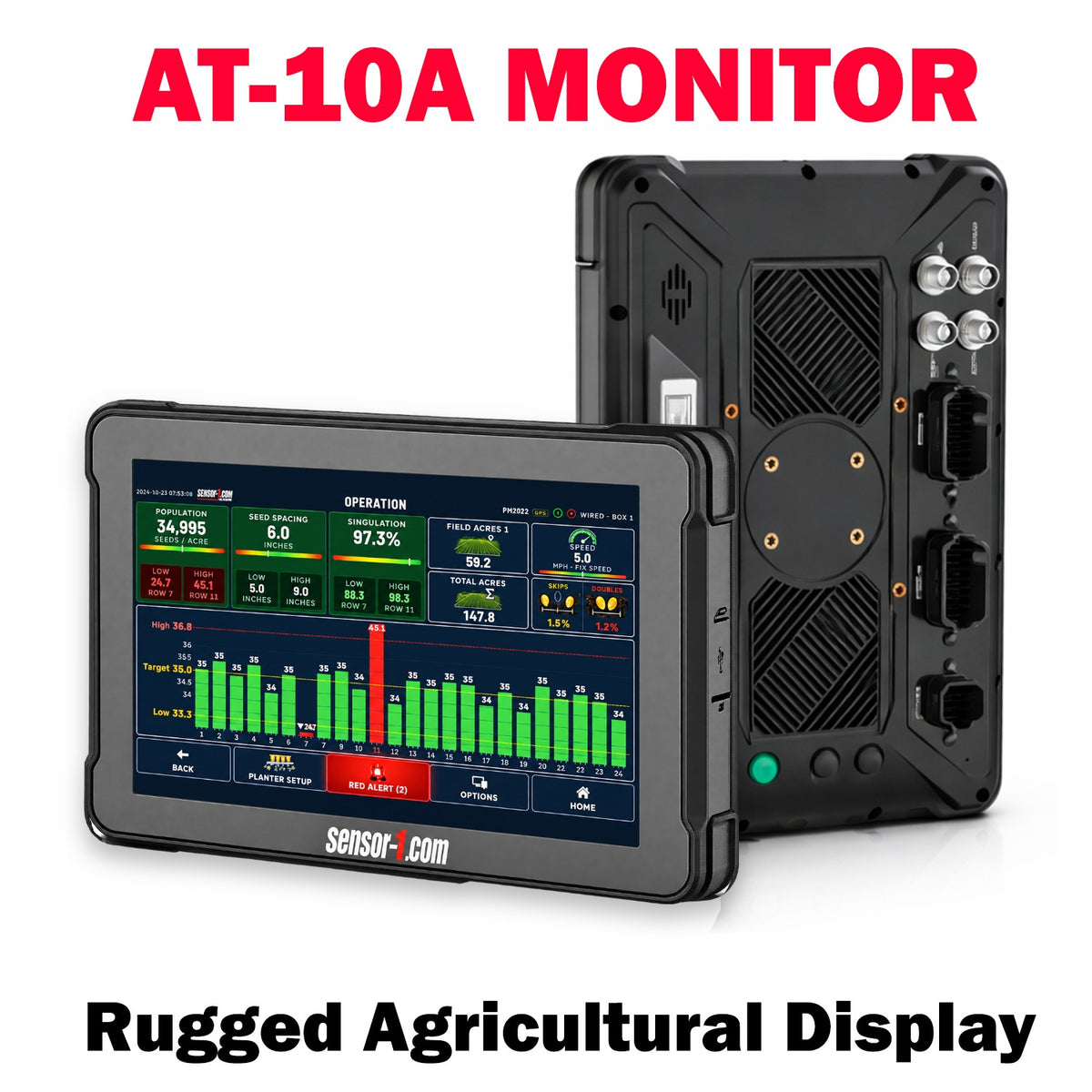 AT-10A rugged agricultural display running the PM2022 planter monitor